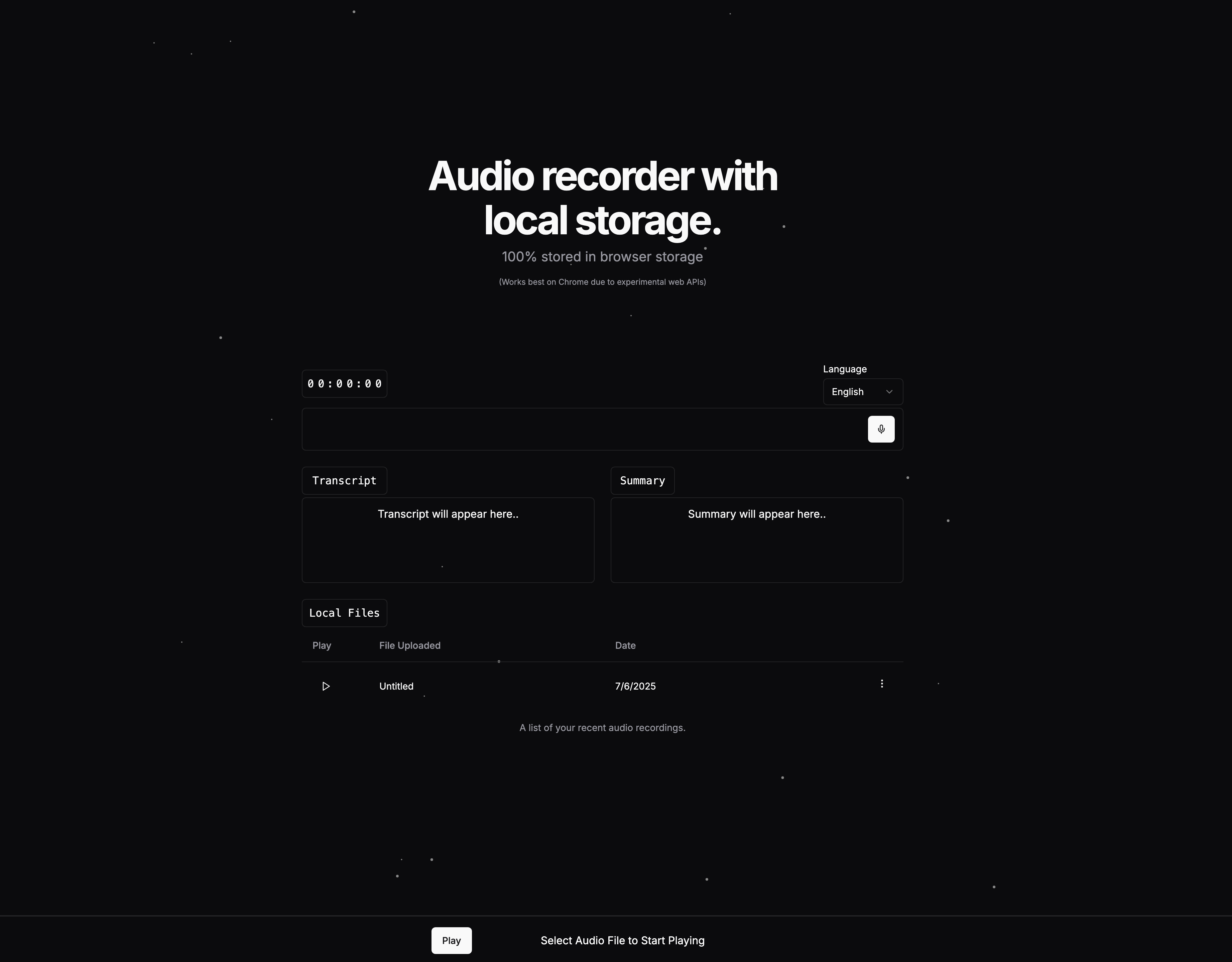 Screenshot of a browser-based audio recorder interface with transcript and summary