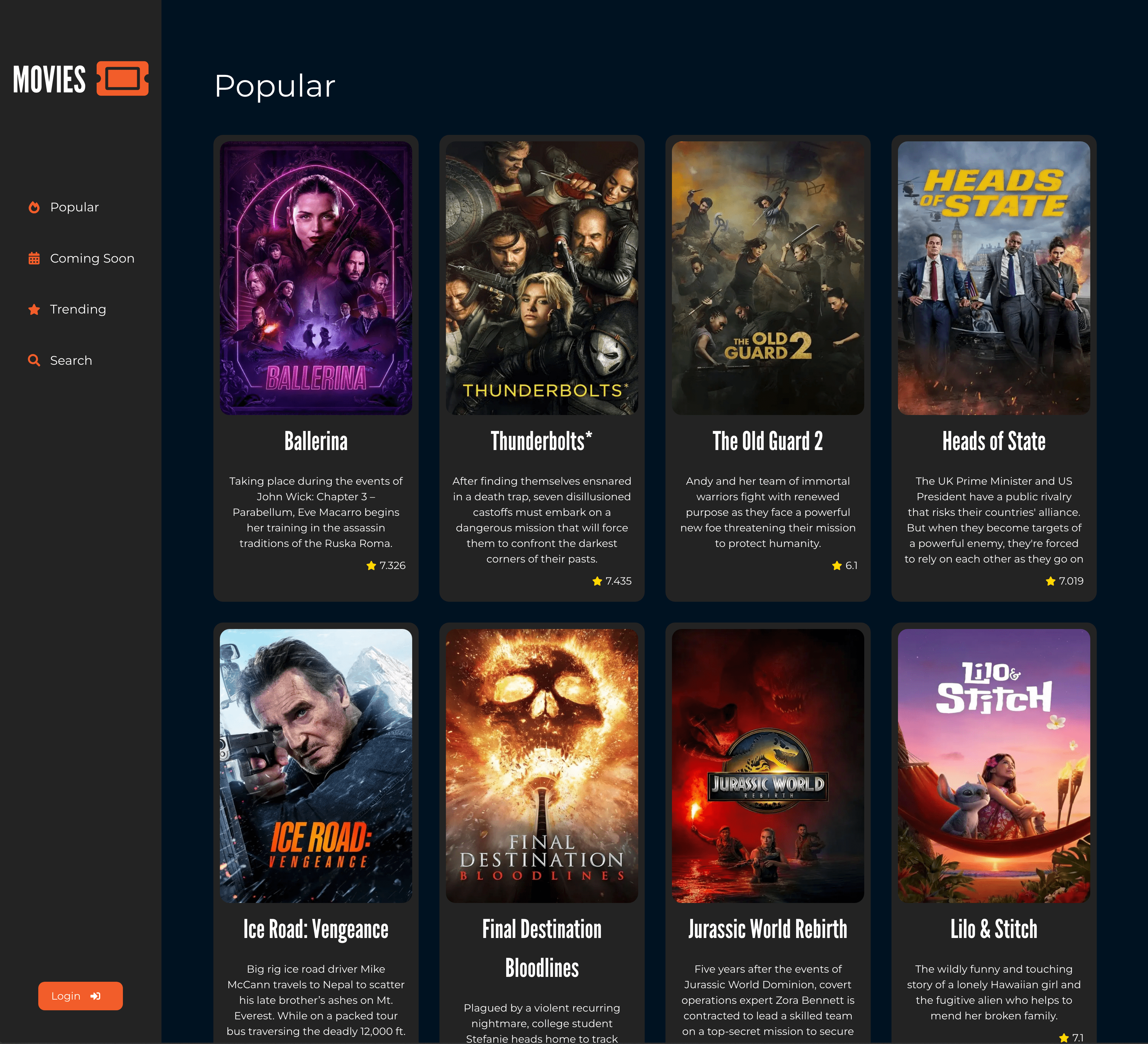 A sleek, mobile-friendly movie browser interface displaying popular films